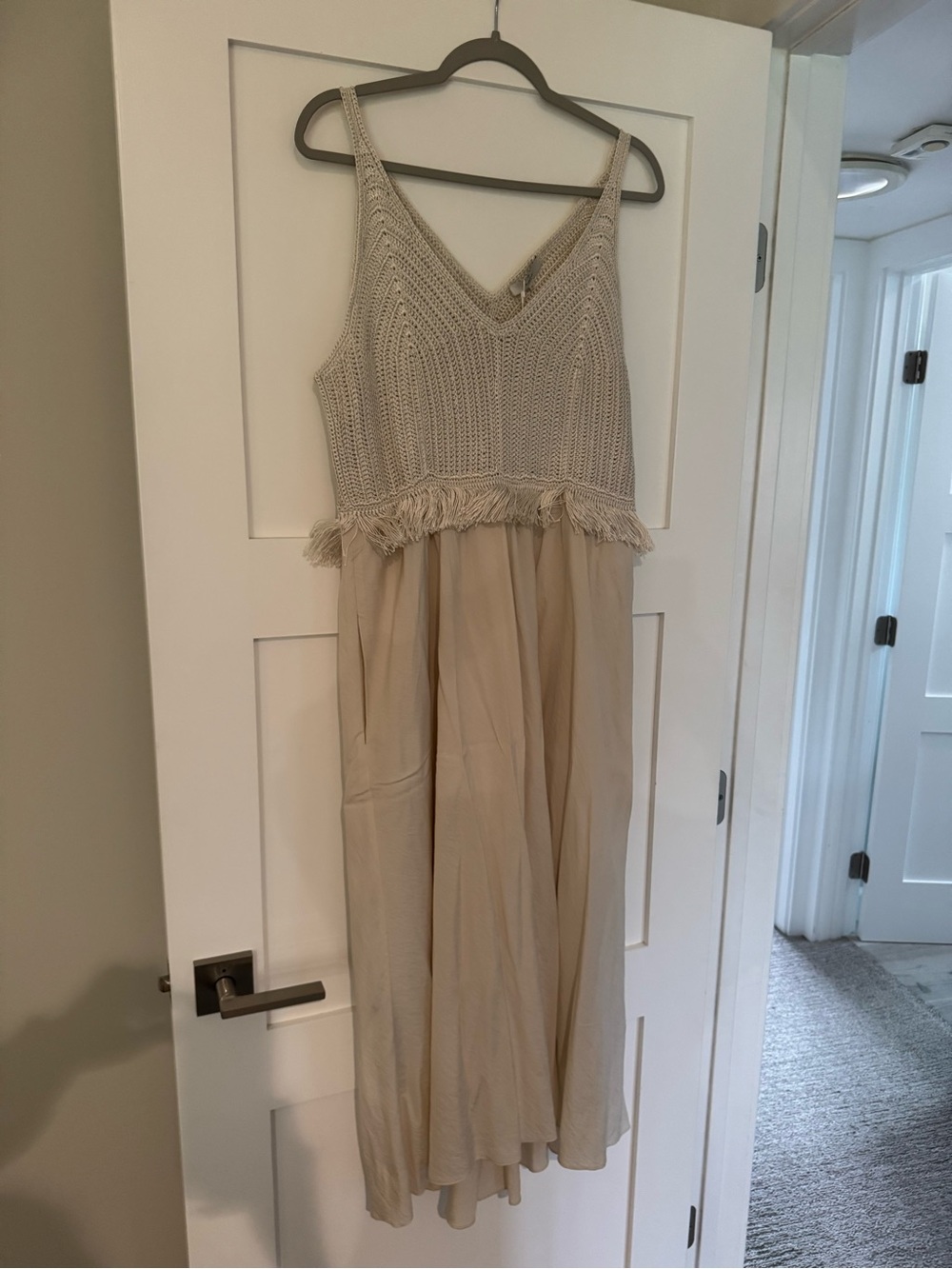 Vince Cream Crochet Bodice Fringe Maxi Dress in Beige